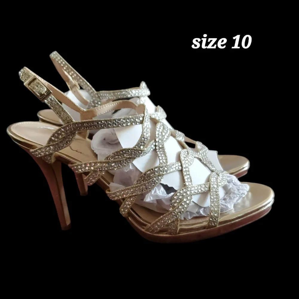 Nina Strappy‎ Dress Sandal, Women's Size 10 M, Gold Rhinestone Sparkly